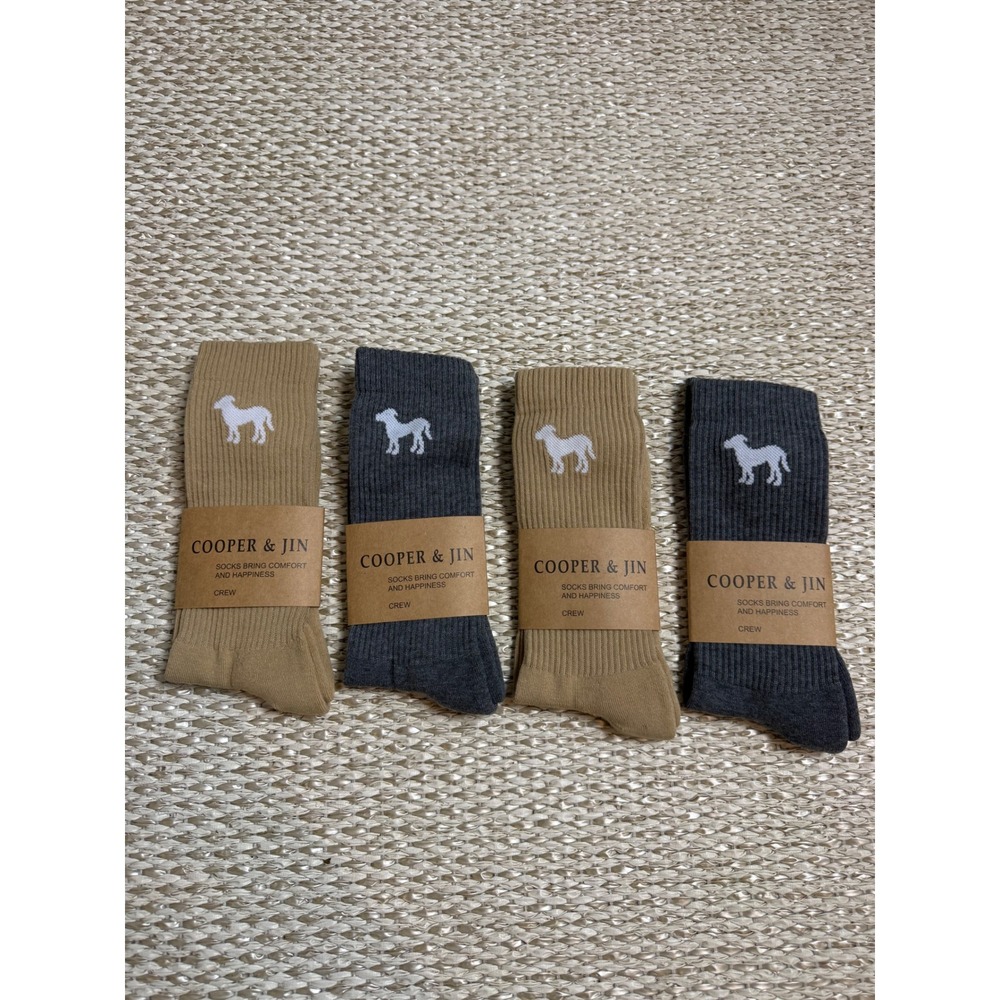 Cooper & Jin Crew Socks 4 Pair Set Khaki Dark Gray Cotton Blend Dog Logo Large